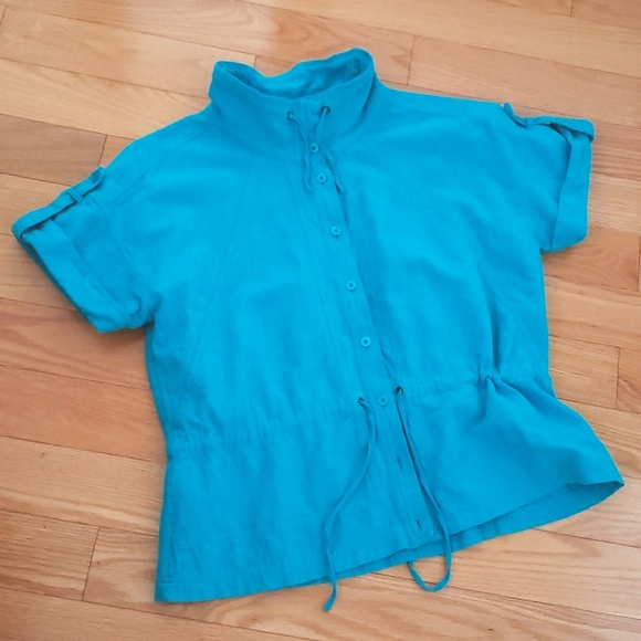 Chico's 100% Cotton Turquoise Drawstring Short Sleeve Top Size Large - Picture 13 of 13
